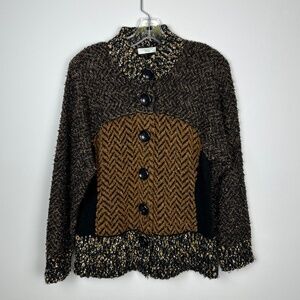 VINTAGE Laura Ashley Patchwork Wool Blend Boucle Knit Button Cardigan Sweater